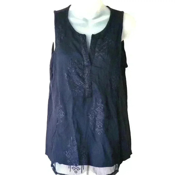 RXB Embroidered Navy Blue Blouse Sleeveless V-Neck Women's Size Small Summer - Picture 1 of 11